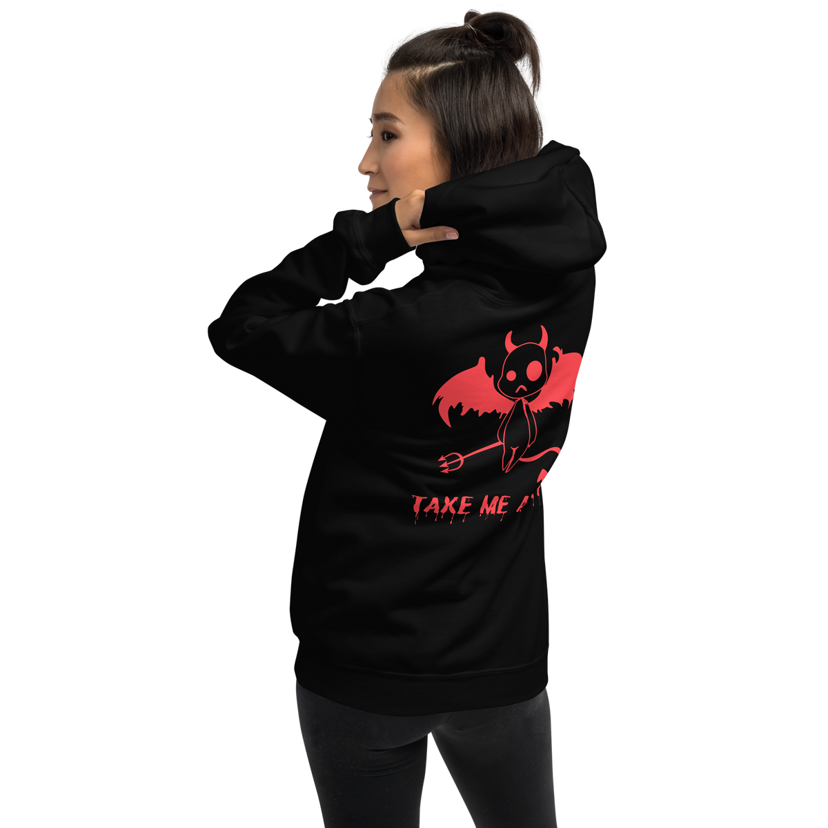 Back View: Person wearing black Hoodie with illustration of a red little devil with dripping text: Take Me Away