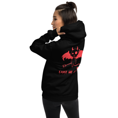 Back View: Person wearing black Hoodie with illustration of a red little devil with dripping text: Take Me Away