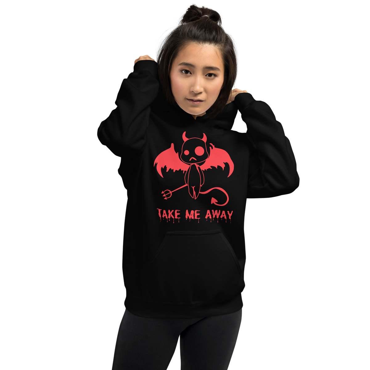 Front View: Person wearing black Hoodie with illustration of a red little devil with dripping text: Take Me Away