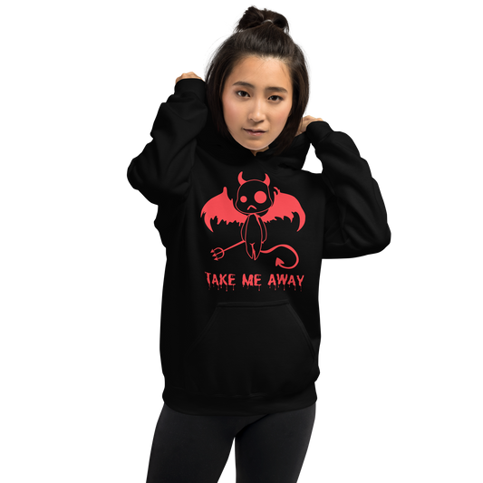 Front View: Person wearing black Hoodie with illustration of a red little devil with dripping text: Take Me Away