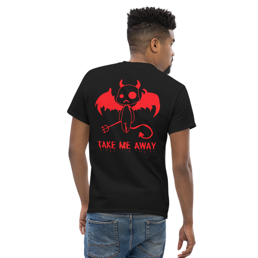 Back View: Person wearing a black cotton shirt with a little devil graphic. Text “Take me Away” Sizes Small to 5XL