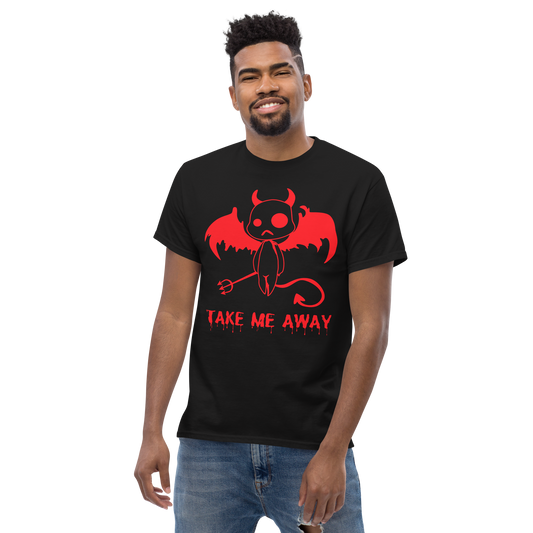 Front View: Person wearing a black cotton shirt with a little devil graphic. Text “Take me Away” Sizes: Small to 5XL