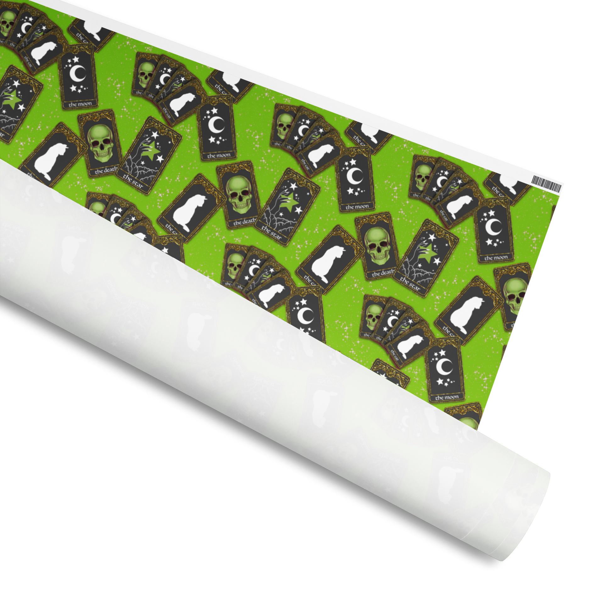 Wrapping Paper with a green background and several tarot card scattered around. Available in 2 sizes, 30" by 72", 30" by 180" and 2 finishes, matte and glossy 