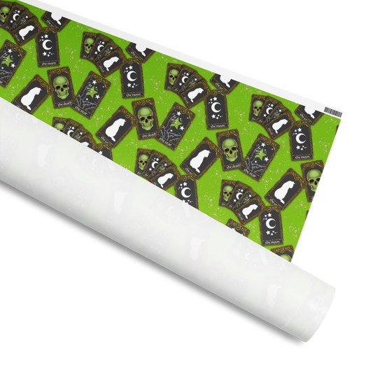 Wrapping Paper with a green background and several tarot card scattered around. Available in 2 sizes, 30" by 72", 30" by 180" and 2 finishes, matte and glossy 