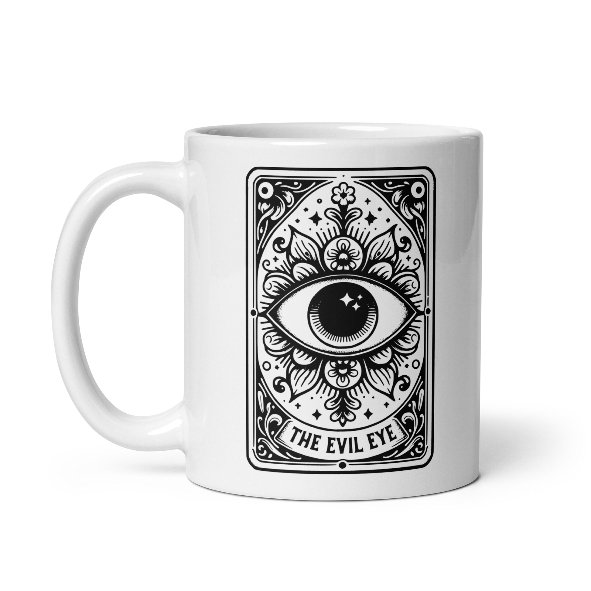 11 oz White mug with 'The Evil Eye' Tarot Card design
