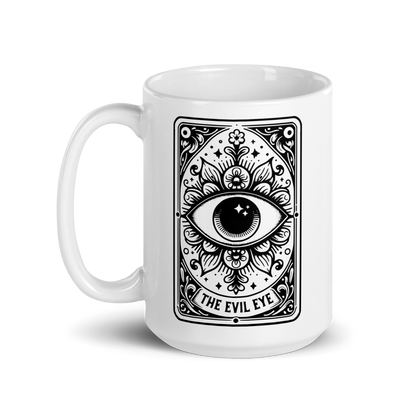 15 oz White mug with black 'The Evil Eye' Tarot Card design