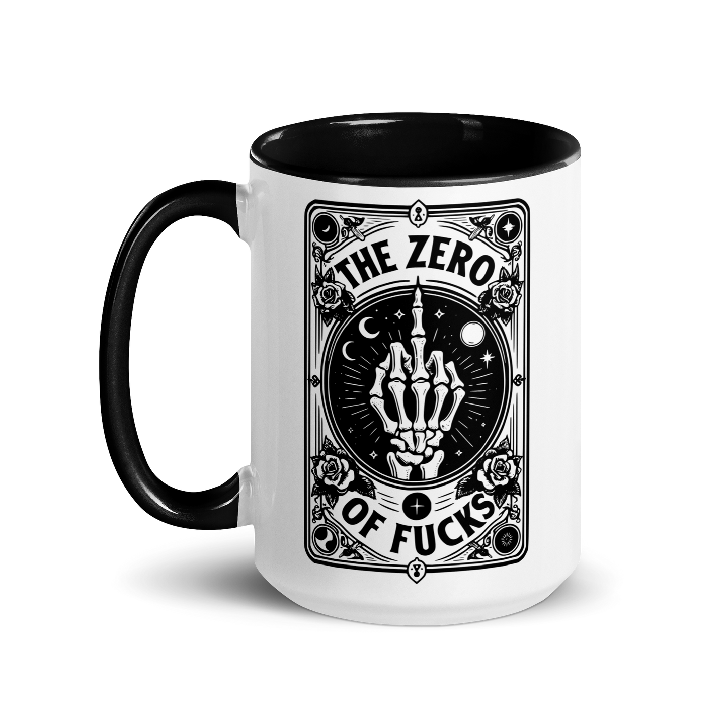 15 oz Black handle and inner cup/ white outer cup Mug, Tarot Card Deign of a skeletal middle finger Text: The Zero Of Fucks