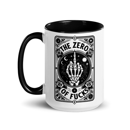 15 oz Black handle and inner cup/ white outer cup Mug, Tarot Card Deign of a skeletal middle finger Text: The Zero Of Fucks