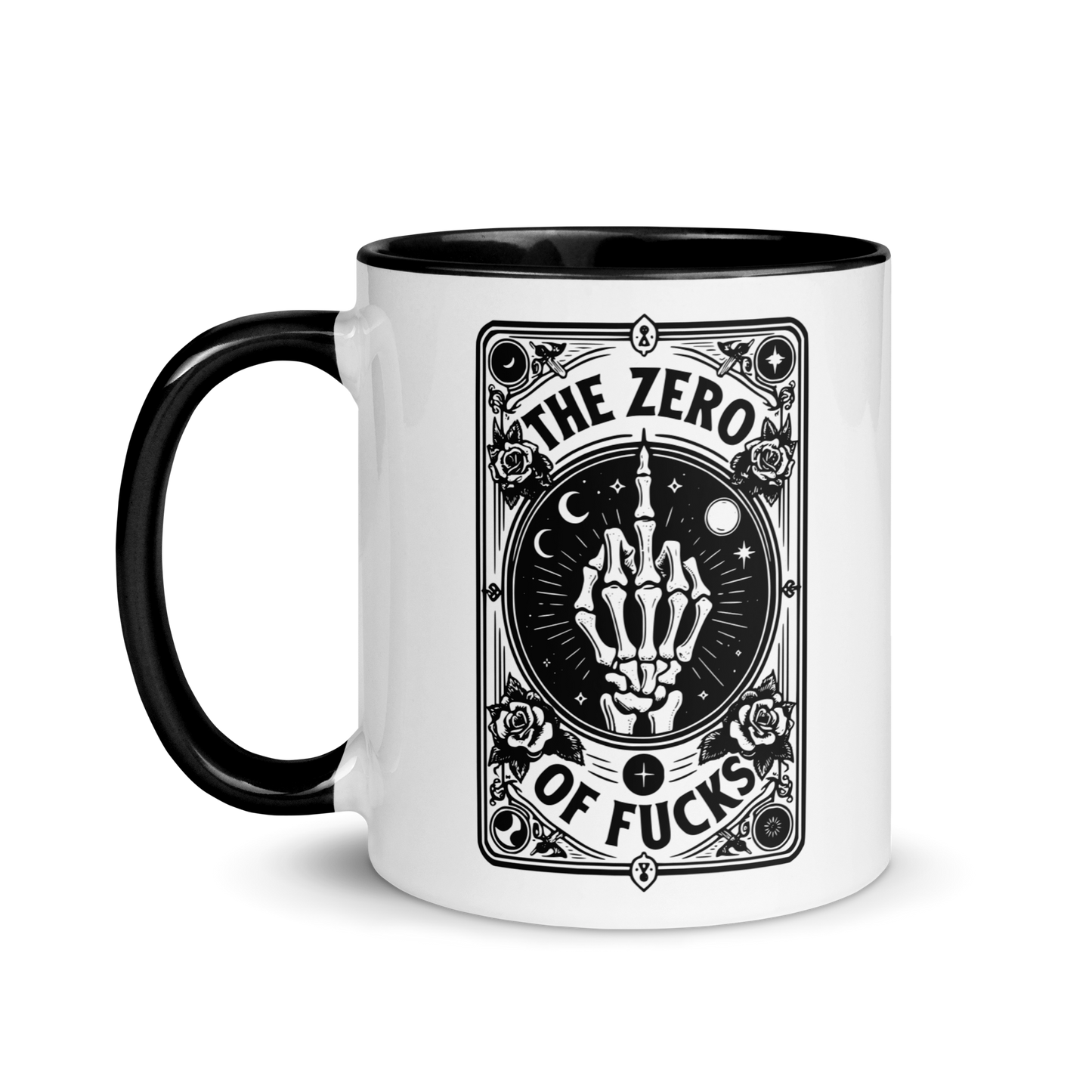 11 oz Black handle and inner cup/ White outer cup Mug with a Tarot Card Style with Skeletal Middle Finger Text: The Zero Of Fucks