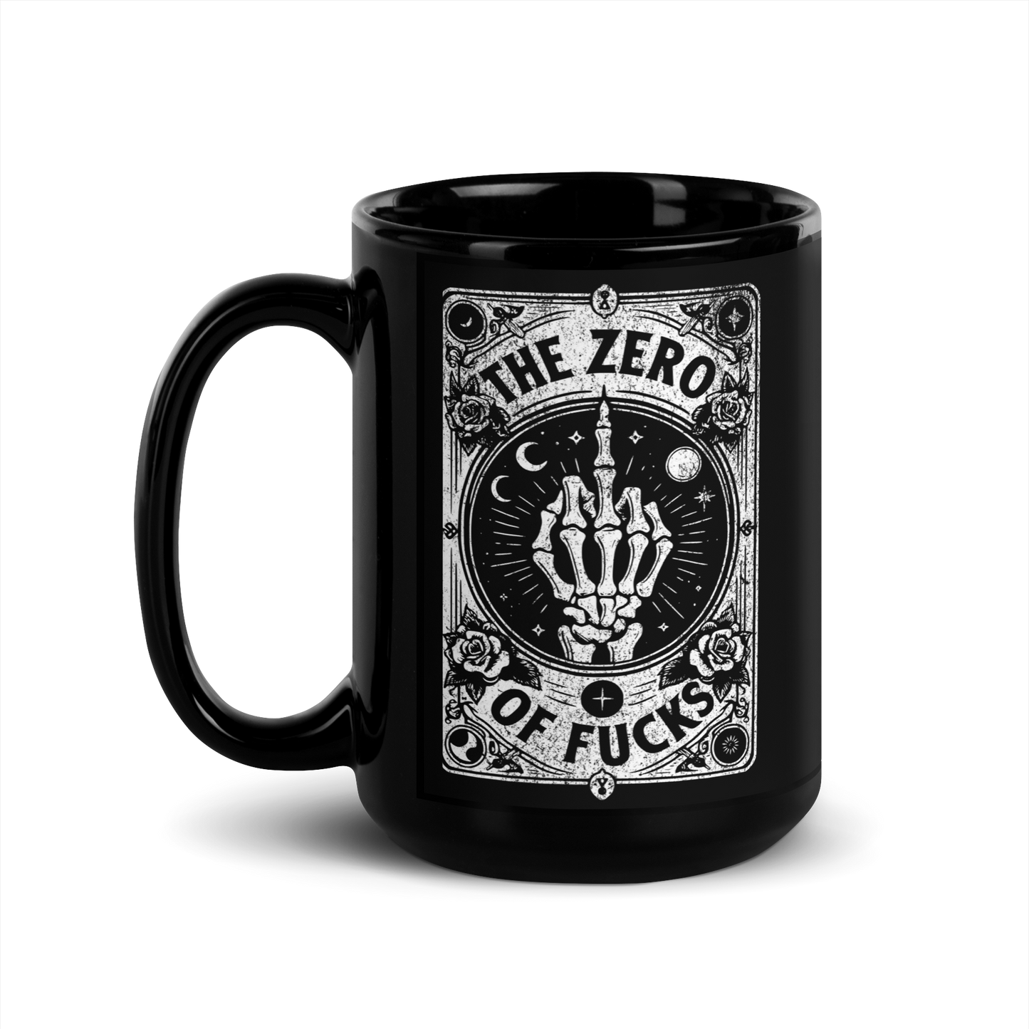 15 oz Black Mug with tarot card style design with a skeletal middle finger Text: The Zero of Fucks