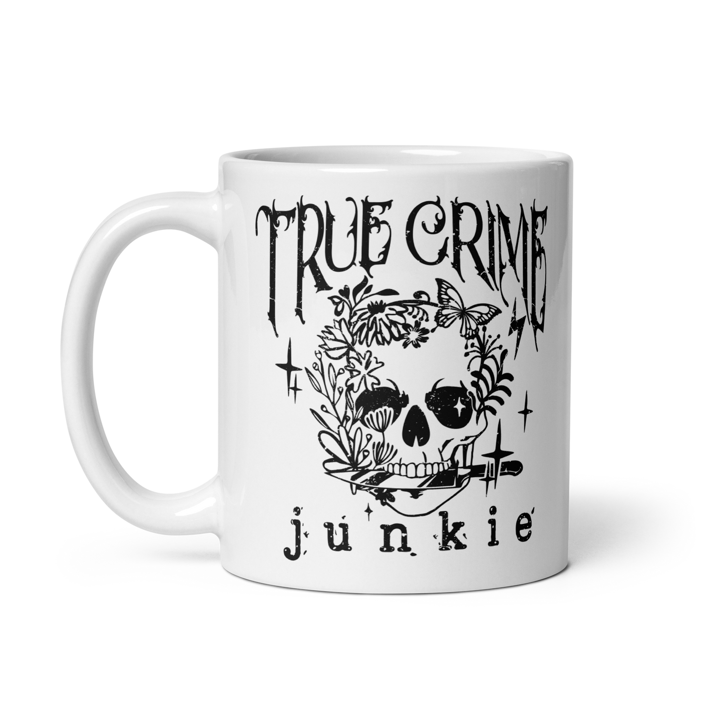 11 oz White mug with black skull design and 'True Crime Junkie' text