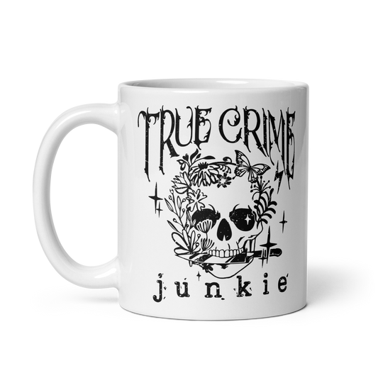 11 oz White mug with black skull design and 'True Crime Junkie' text