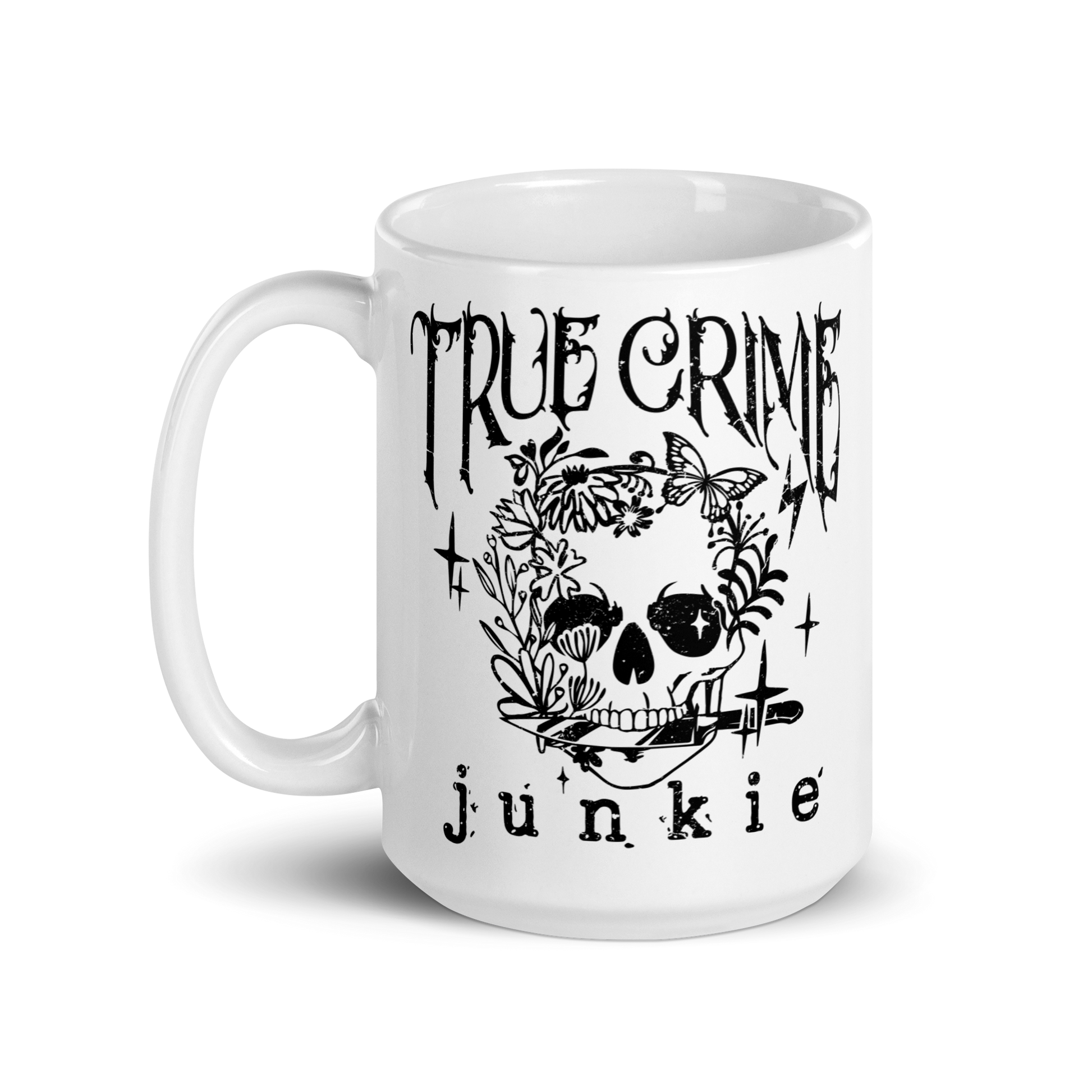 15 oz White mug with black skull design and text 'True Crime Junkie'