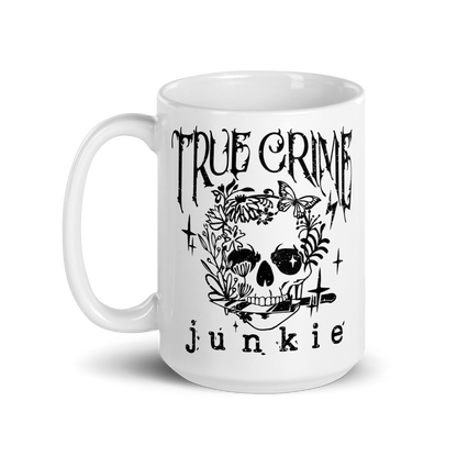 15 oz White mug with black skull design and text 'True Crime Junkie'