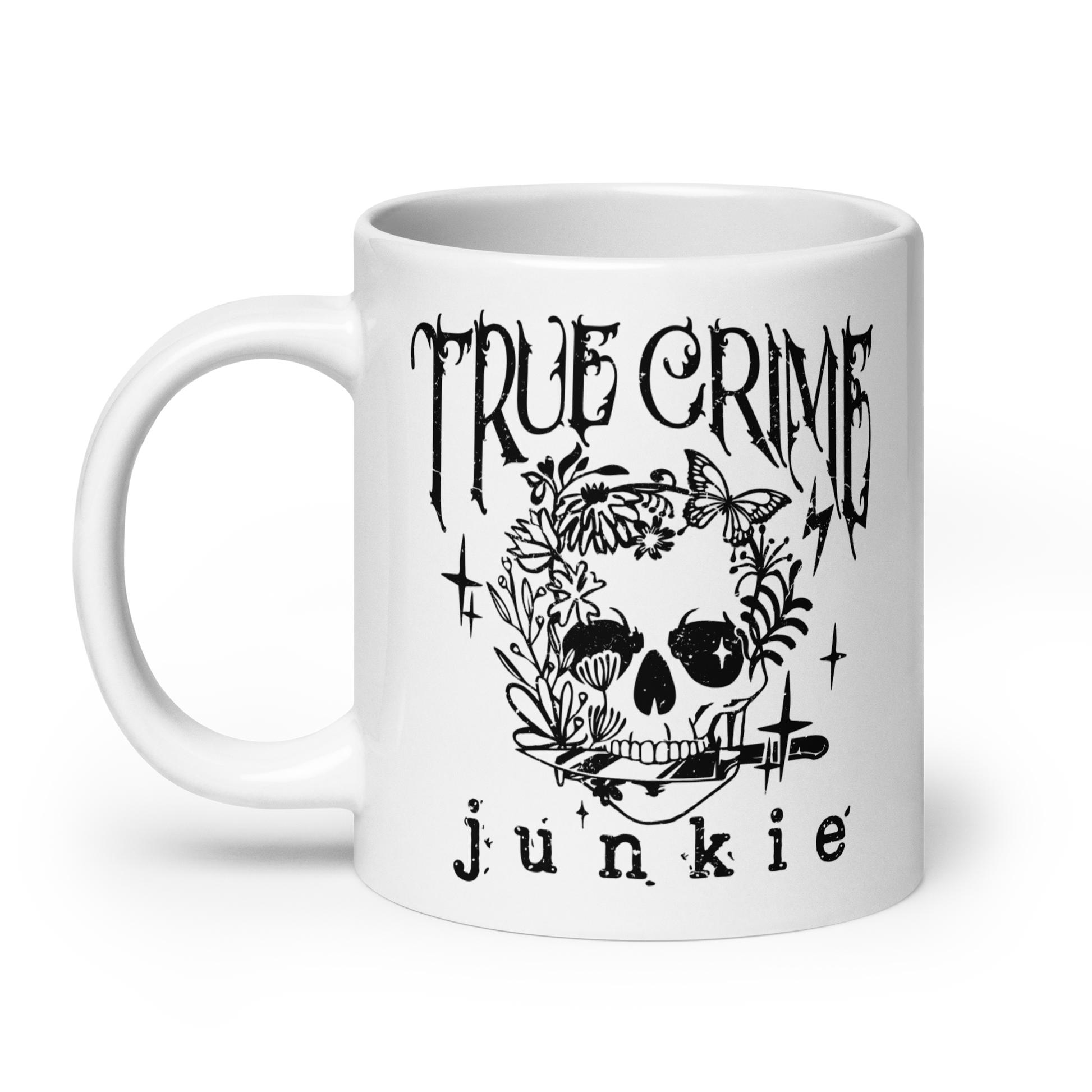 20 oz White mug with black skull design and 'True Crime Junkie' text