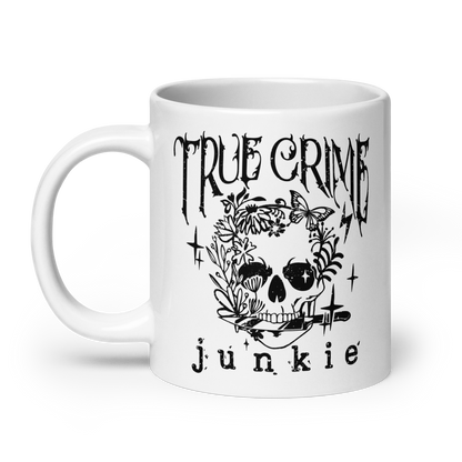 20 oz White mug with black skull design and 'True Crime Junkie' text