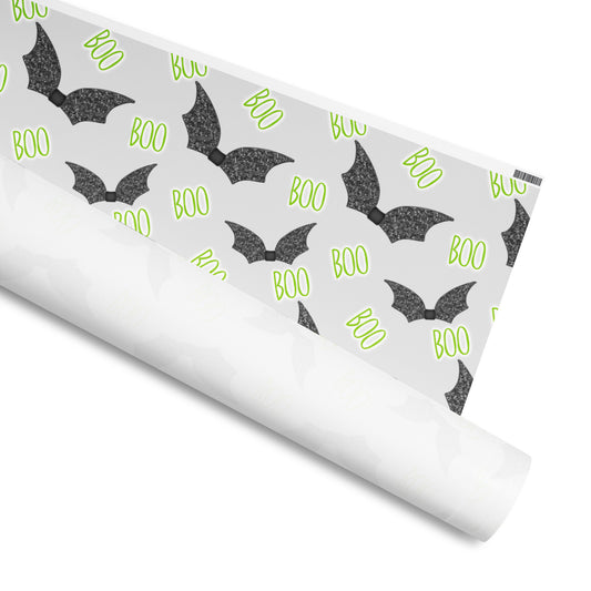Wrapping Paper with cute little bats with the text: Boo, Available in 2 sizes, 30" x 72", 30" x 180" and 2 finishes, matte and glossy 