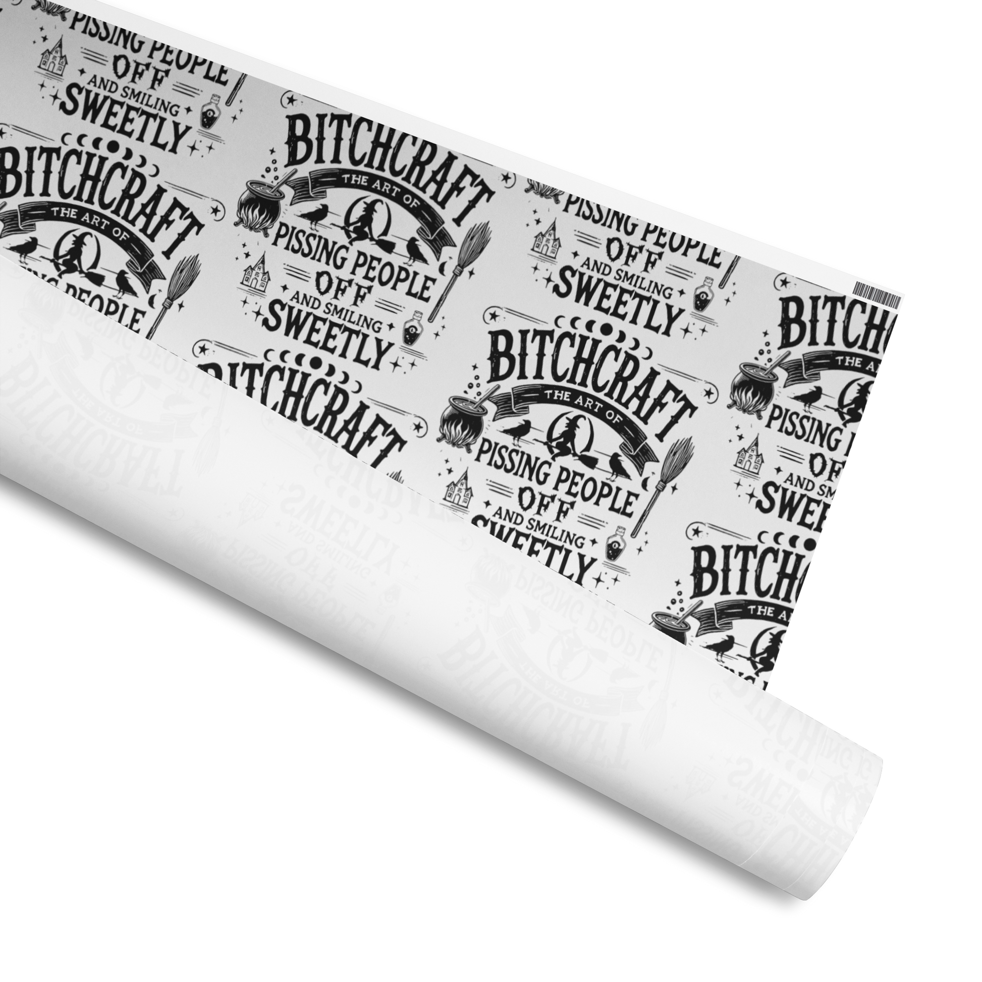 Wrapping Paper, with witchy style text design: Bitchcraft, the art of pissing people off and smiling sweetly, Available in 2 sizes, 30" x 72", 30" x 180" and 2 finishes, matte and glossy 