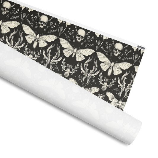 Wrapping Paper of Moths and Skulls, Available in 2 sizes, 30" x 72", 30" x 180" and 2 finishes, matte and glossy 