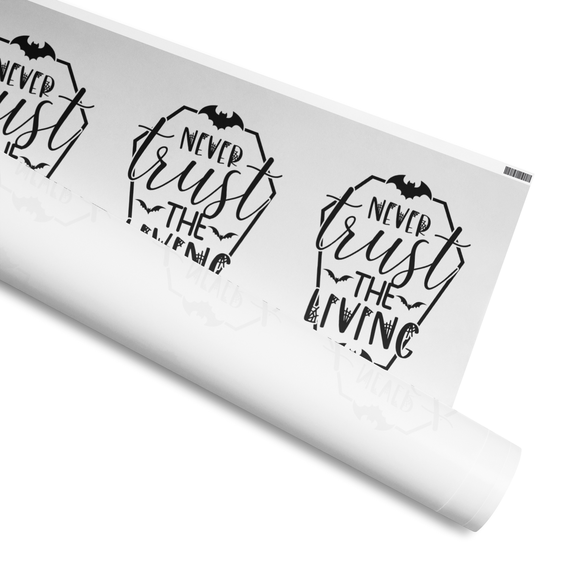 Wrapping Paper, Gothic Style Coffin Text: Never Trust The Living, Available in 2 sizes, 30" x 72", 30" x 180" and 2 finishes, matte and glossy 