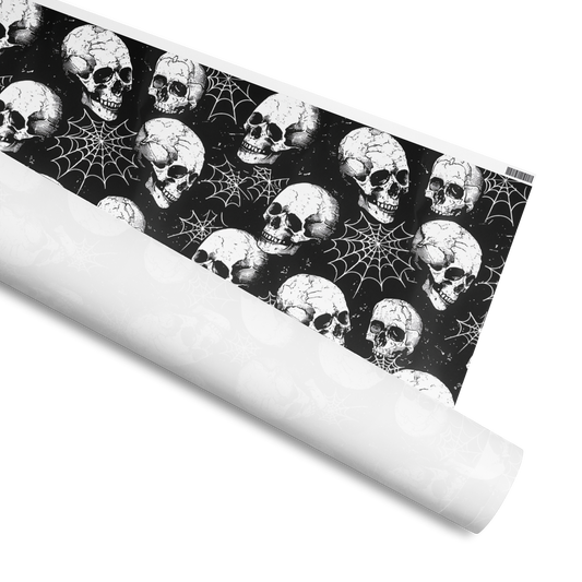 Wrapping Paper, Various Skull and Spiderwebs, Available in 2 sizes, 30" x 72", 30" x 180" and 2 finishes, matte and glossy 