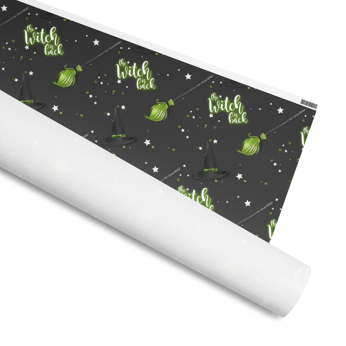 Wrapping Paper with Broomsticks and a witches hat with Text: The Witch is Back, Available in 2 sizes, 30" x 72", 30" x 180" and 2 finishes, matte and glossy 
