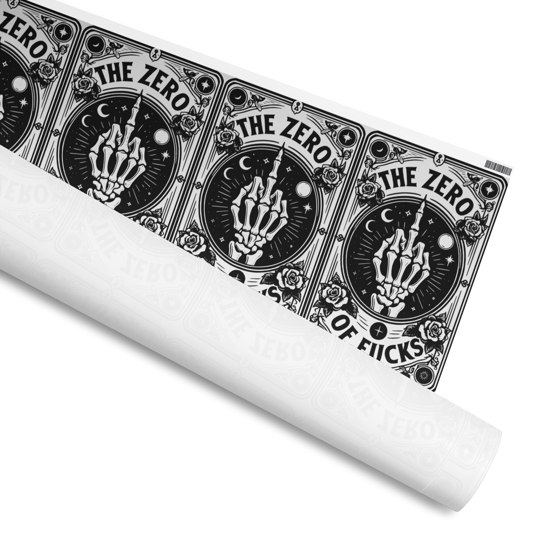 Wrapping Paper, Tarot Card of skeleton middle finger Text: The Zero of Fucks. , Available in 2 sizes, 30" x 72", 30" x 180" and 2 finishes, matte and glossy 