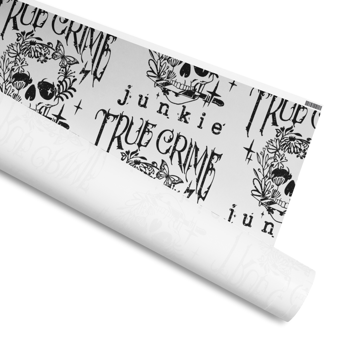 Wrapping Paper with a skull holding a knife in its teeth, decorated with Flowers and butterflies with the text: True Crime Junkie, Available in 2 sizes, 30" x 72", 30" x 180" and 2 finishes, matte and glossy 