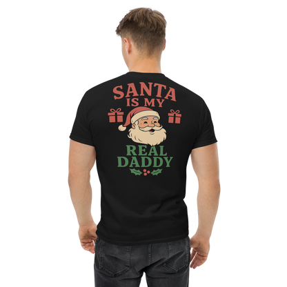 Back view: Person wearing a black cotton t-shirt with Santa Claus graphic. Text: “Santa is my Real Daddy”