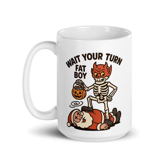 Wait Your Turn Fat Boy Mug – Funny Halloween vs Christmas Mug | Gothic Devil Skeleton Coffee Cup